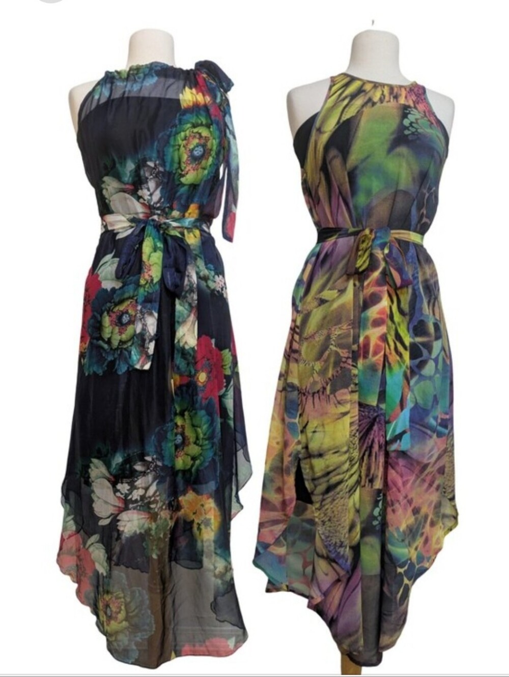 (S) Floral & Abstract Print Strapless Chiffon Maxi Dress - Multicolor Vacation